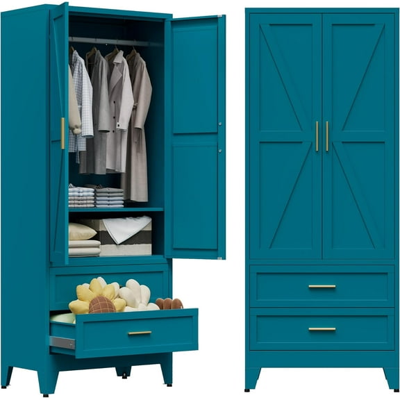 COFaR Bedroom Wardrobe Cabinet, 71 Farmhouse Armoire Wardrobe Closet with Rods, 2 Barn Doors, Adjustable Shelves, Steel with 2 Drawer Tall Armoire for Laundry Room, Cloak Room, Green