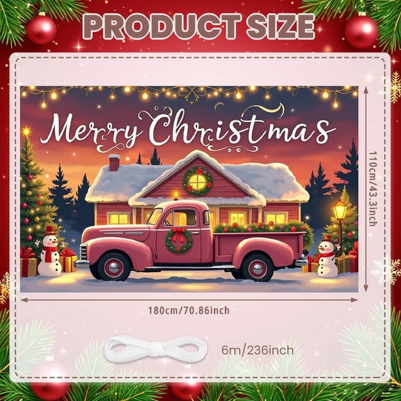 Pink Style Christmas Banner Christmas Tree Merry Christmas Banner Snowman Decoration String Lights Decoration Holiday Banner for Christmas Party Home Decoration Indoor Celebration