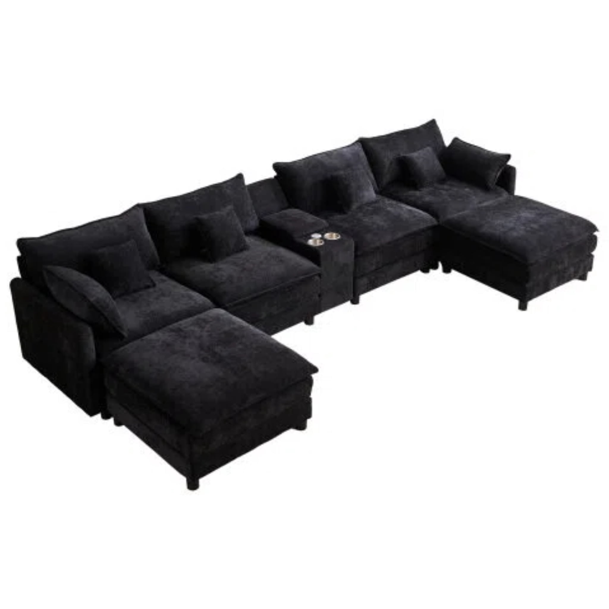 Aisword 145" U Shaped Cloud Couch Sectional with USB Charging, Hidden Storage, Cup Holders & Chenille Double Chaise, Black