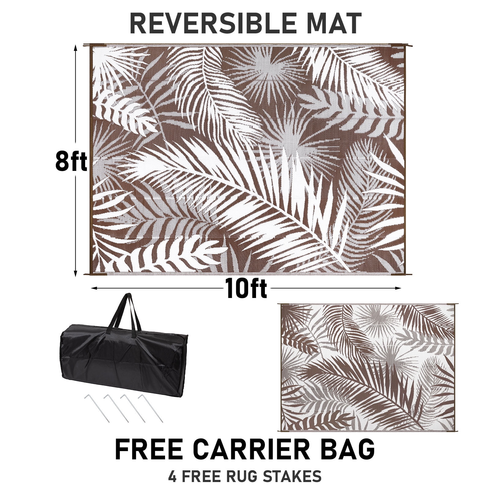 MeyJey Outdoor Rug, 8'x10' Reversible Waterproof Area Rug, Plastic Mat for RV Patio Camping, Brown