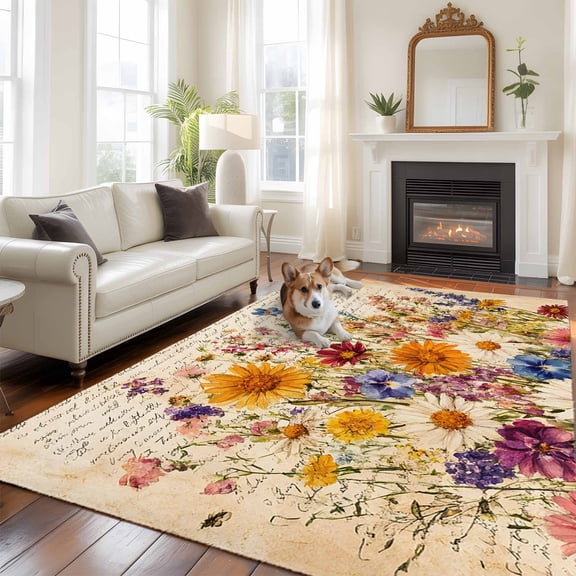 6'x9' Area Rugs, Spring Floral Indoor Outdoor Area Rug for Living Room Bedroom, Vintage Summer Botanical Flowers Washable Bathroom Rugs Kitchen Floor Carpet Mats Home Decor Aesthetic