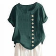 thumbnail image 4 of Blouse Lin en Vrac Manches Courtes Chemise Femme Blouse Femme Lin Col Rond Femme Summer Top, Vert, L, 4 of 5