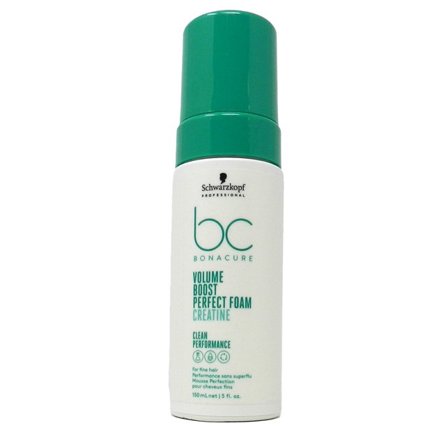 Schwarzkopf BC Bonacure Volume Boost Perfect Foam Creatine 5 Onces, une mousse Capillaire Légère en Bouteille de 150 ml (5 fl. oz.) avec un Capuchon Vert et un Corps Blanc. Idéale pour les Cheveux Fins, Ajoute du Volume et du Corps Tout en Renforçant avec de la Créatine. Convient pour Créer des Coiffures Rebondissantes et Volumineuses Sans Effort.