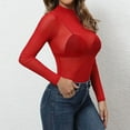 thumbnail image 4 of Women'S Ultra-Thin Mesh Elastic Tight Long Sleeve Half- Bottoming Shirt Sheer Tops Red XXXL, 4 of 5