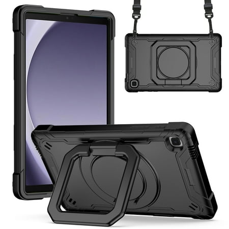 For Amazon Kindle Fire HD7 2022 Tough Hybrid 3 in 1 Case with 180° Rotating Kickstand, Adjustable Shoulder Strap, Shockproof TPU Rubber PC Case Cover [Black]