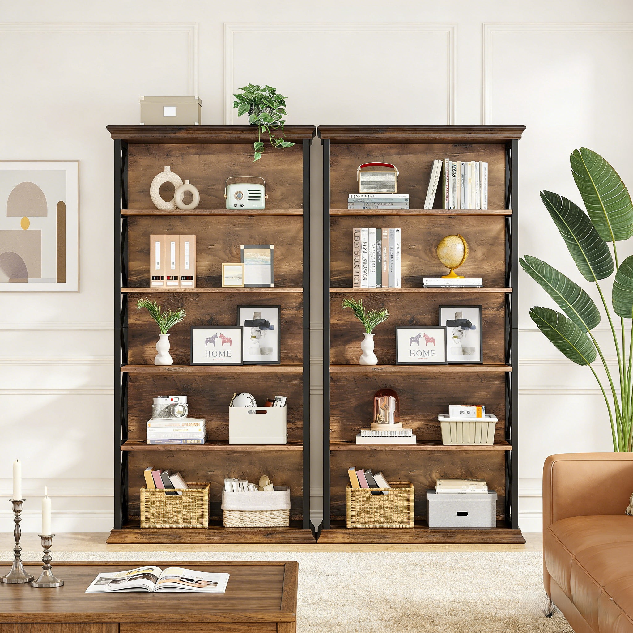 Fnova 71" 5-Tier Tall Bookshelf, Industrial Wood Bookcase with Metal Frame, Floor Standing Display Storage Shelves for Home Office, Living Room, Bedroom