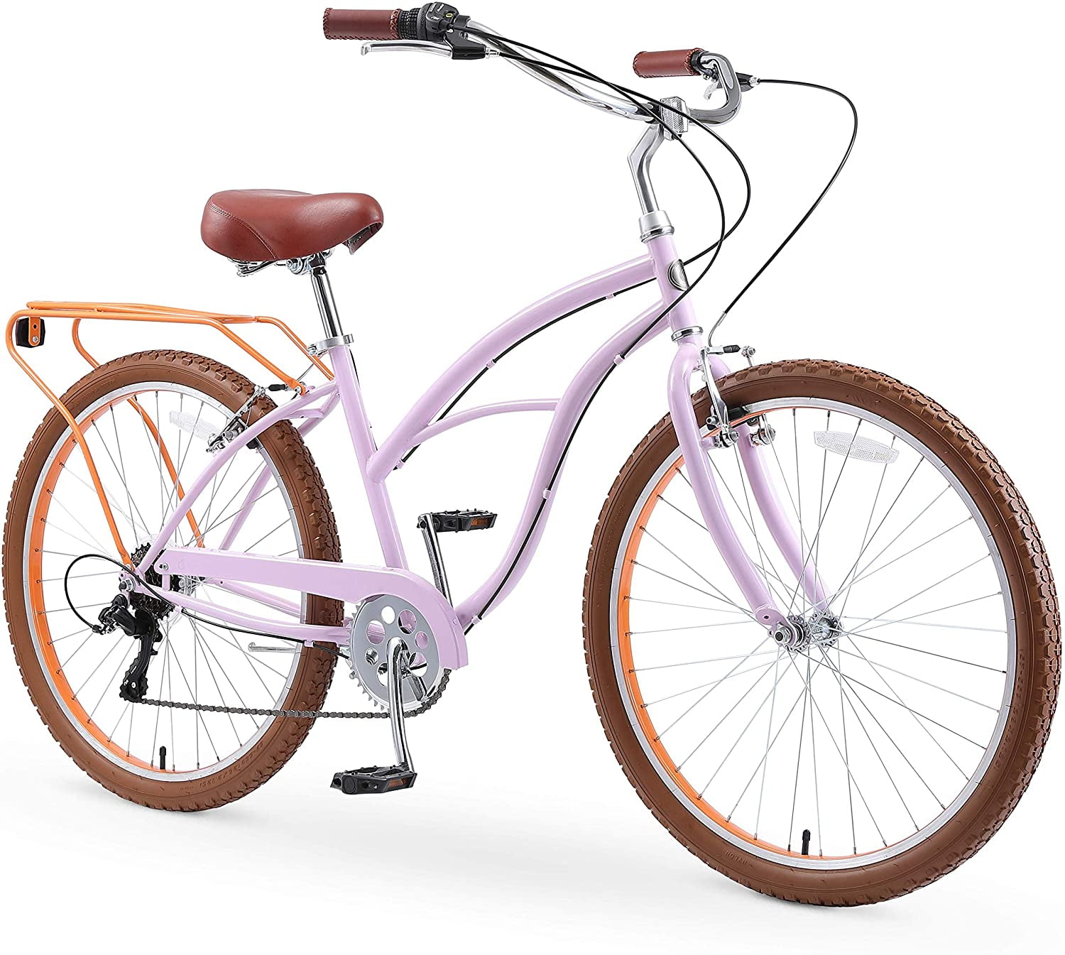 sixthreezero Around the Block Women's 7-Speed New Beach Cruiser Bicycle with Rear Rack, 26 In. Wheels, Lilac Ginger with Brown Seat and Grips