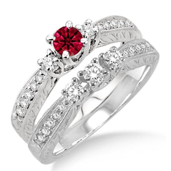 Extraordinary Fantastic Mind Blowing Moissanite Diamond 2.25 Carat Round Cut Ruby Antique Bridal Set on 10k White Gold