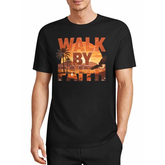 USPEED Vintage Desert Sunset Walk By Faith Men's Short Sleeve T-Shirt Christian Eagle Palm Tree Casual Outdoor Daily Wear Top