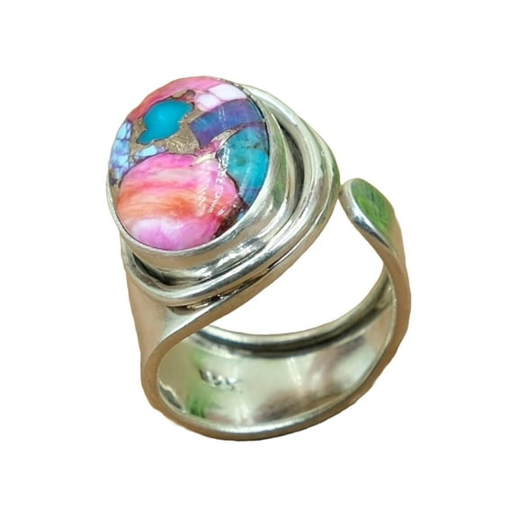Pink Oyster Turquoise Stone 925 Sterling Silver Adjustable Statement Ring Gift Jewelry