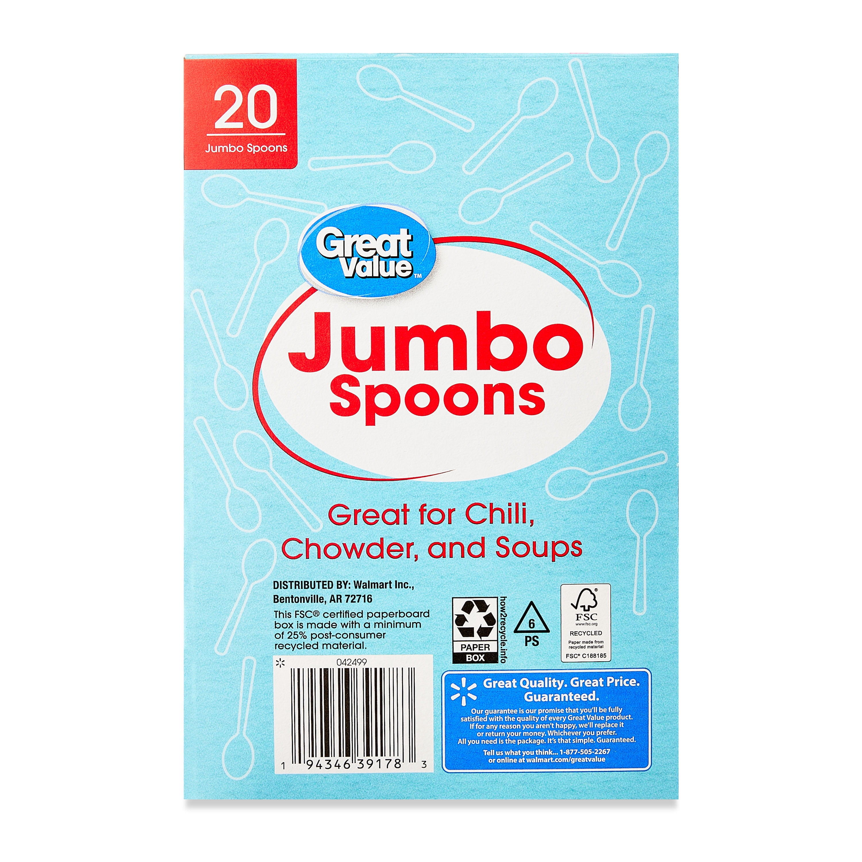 Great Value Premium Clear Jumbo Disposable Plastic Spoons, Polystyrene, 20 Count