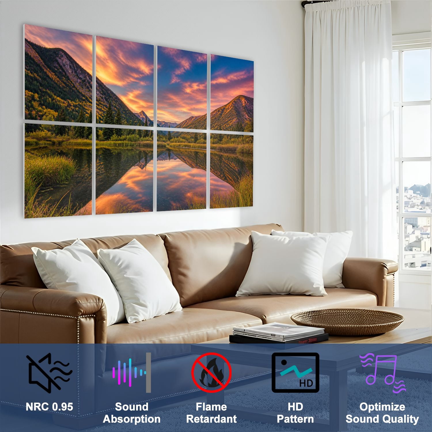 8 Pack Art Acoustic Panels Sound Absorbing Colorful Panoramic Mountain View Sunrise Decorative Soundproof Wall Panels Self Adhesive for Nursery Game Room Bedroom 48"x32"