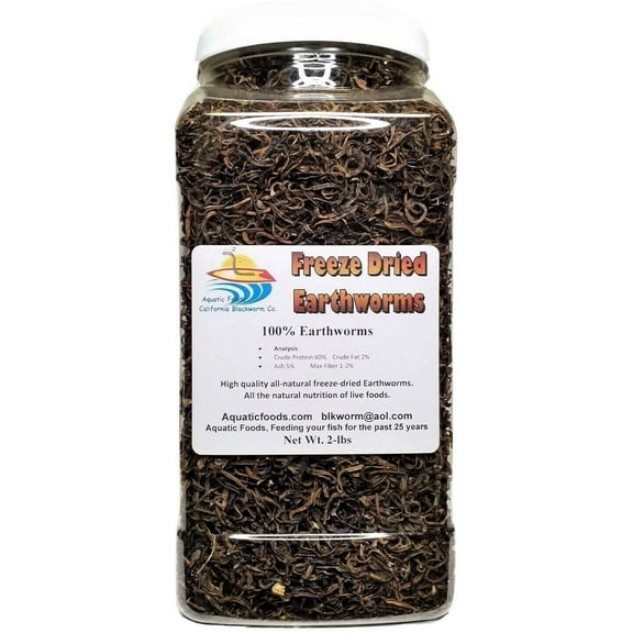 2-lbs Freeze Dried Earthworms, Ideal for Large Tropical Fish, Pond Fish, Land & Aquatic Turtles, Reptiles. Aquatic Foods Premium Freeze Dried Tropical Fish Foods. 2-lb-Jar