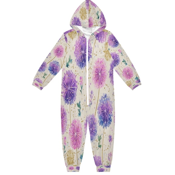 Soft Big Kids Onesie Pajamas Cozy Loose-Fit Jumpsuits for kids with Pockets for Christmas Lounge & Play Watercolor Dandelions Pattern