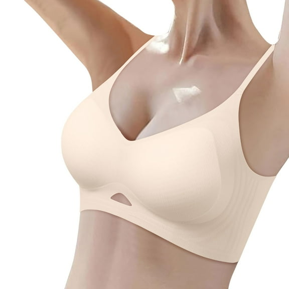 khonts,Women's Spaghetti Strap Seamless Bras Wireless Soft Support Large Chest Bra Breathable Gathering Bralettes Beige L