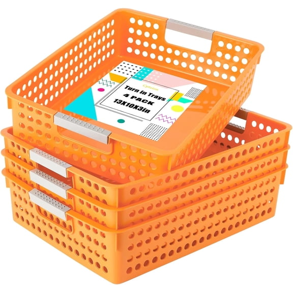 Turn in Trays Classroom,4 Pack Paper Trays for Classroom,Plastic Storage Baskets with Handles,Colorful Classroom Organization and Storage Paper Tray Holds for Drawers, Office, Home(Orange)