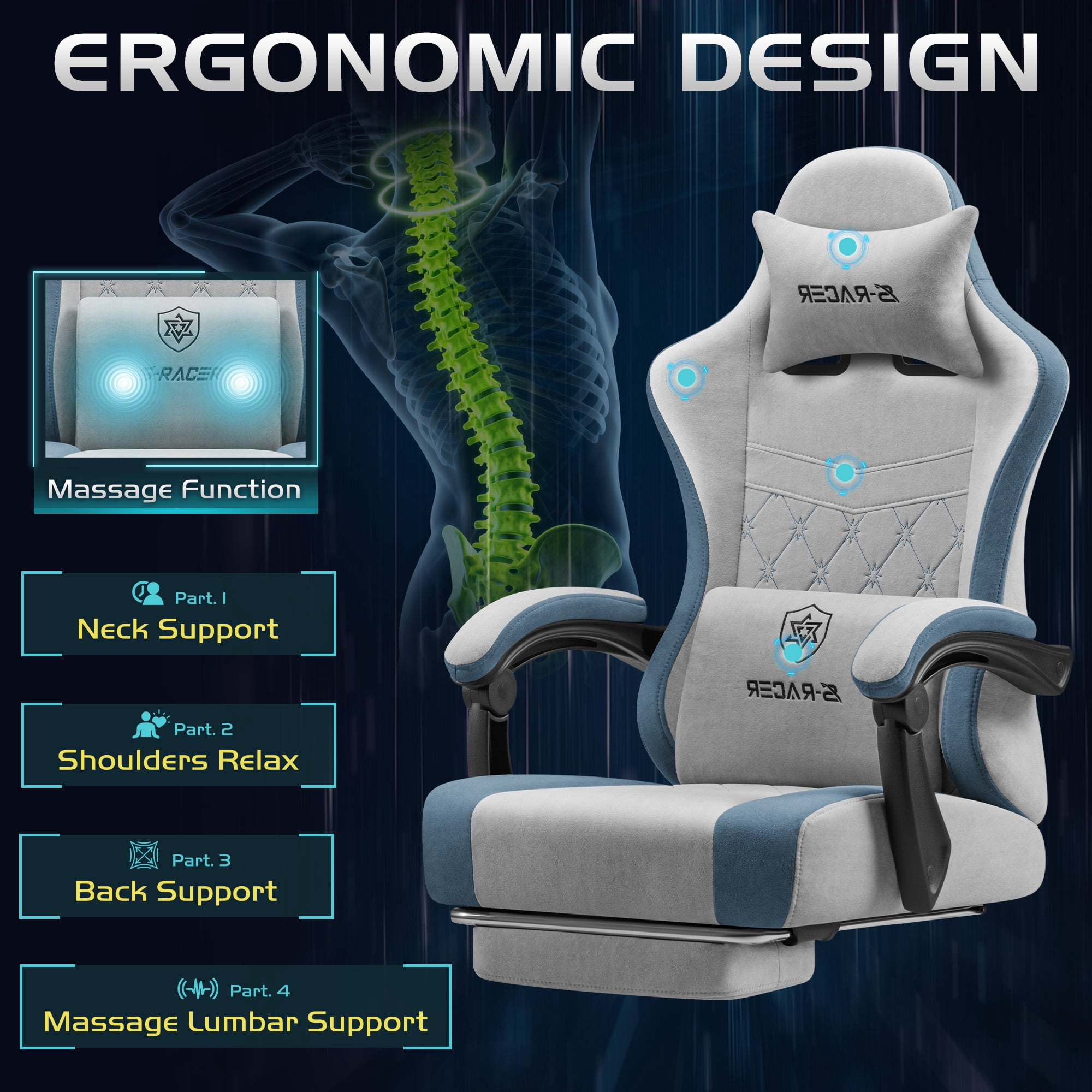 Homall Reclining Gaming Chair Premium Technical Fabric Massage Video Game Chair with Headrest, Lumber Support and Footrest, Gray