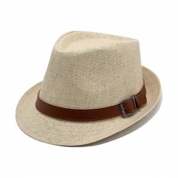 Straw Fedora Hat with Leather Buckle – Classic Short Brim Summer Sun Hat for Men & Women – Breathable Lightweight Panama Style Beach Cap for Vacation, Travel & Daily Wear – Beige