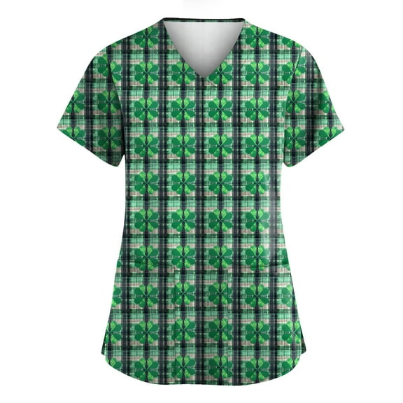 Women's Nurse Uniforms Summer Irish Shamrock Printed V Neck Breathable Scrub Tops Short Sleeve Professionals Soft Stretch St. Patrick's Day Workwear Shirt with Pockets green 3X-Large