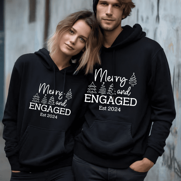 Lotusprinthandmade Customized Merry and Engaged Est Christmas Couple Black Hoodie 2D S-5XL 50/50 Cotton/Polyester Mix (S)