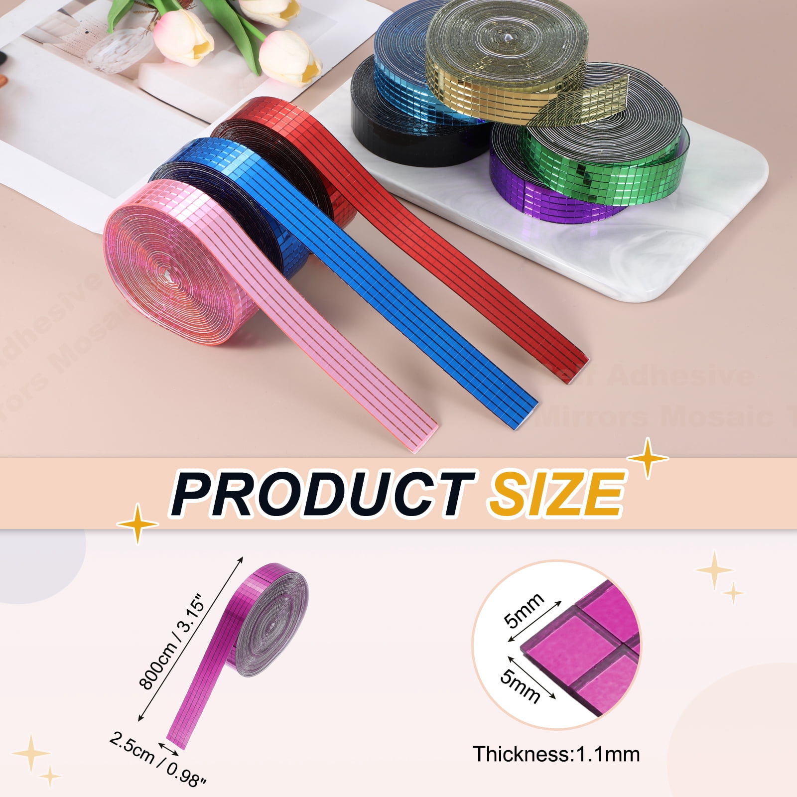 Uxcell 5x5mm Self Adhesive Mirrors Mosaic Tiles, 8000 Pcs Square Mini Glass Mosaic Disco Tile Sticker for DIY Craft Disco Ball Party Decoration, Rose Red