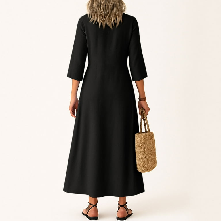 Uocefik Linen Dress Women Summer Work 3/4 Sleeve V Neck Long Dress Fashion Fall Flowy Sundress Modest Casual Vacation Beach Dresses Black L