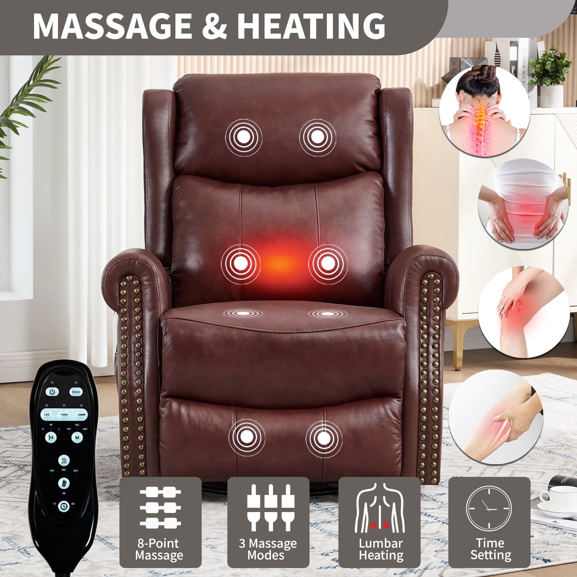 MAYEERTY 360 Degree Swivel Rocker Recliner Chair, Genuine Leather Manual Recline Glider Armchair with 8-Point Vibration Massage & Lumbar Heat, for Living Room Home Theater