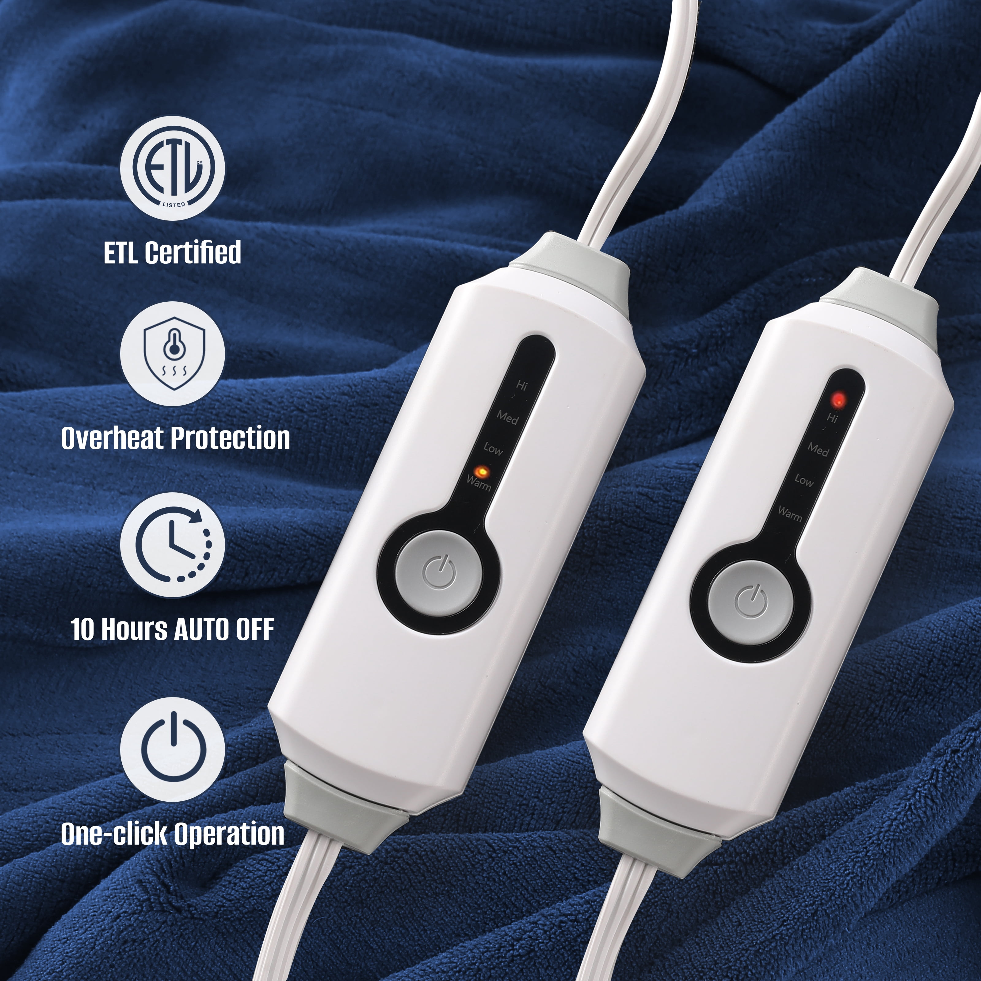 YAKEE Electric Heated Blanket 90"x100" King Size with Dual Control, 4 Heat Levels, 10-Hour Auto-off, Soft Coral Fleece, Overheat Protection, Dark Blue