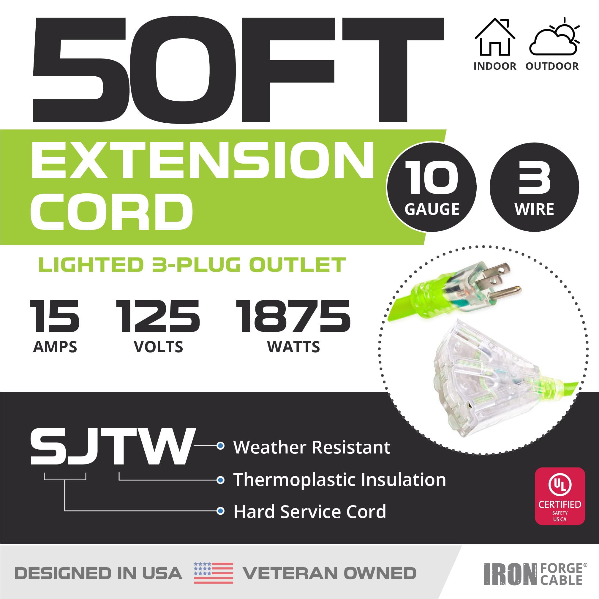 Iron Forge Cable 10 Gauge 50ft Lighted Outdoor Heavy Duty Extension Cord with 3 Outlets - 15 Amp 10/3 SJTW Green Extension Cord with Multiple Outlets