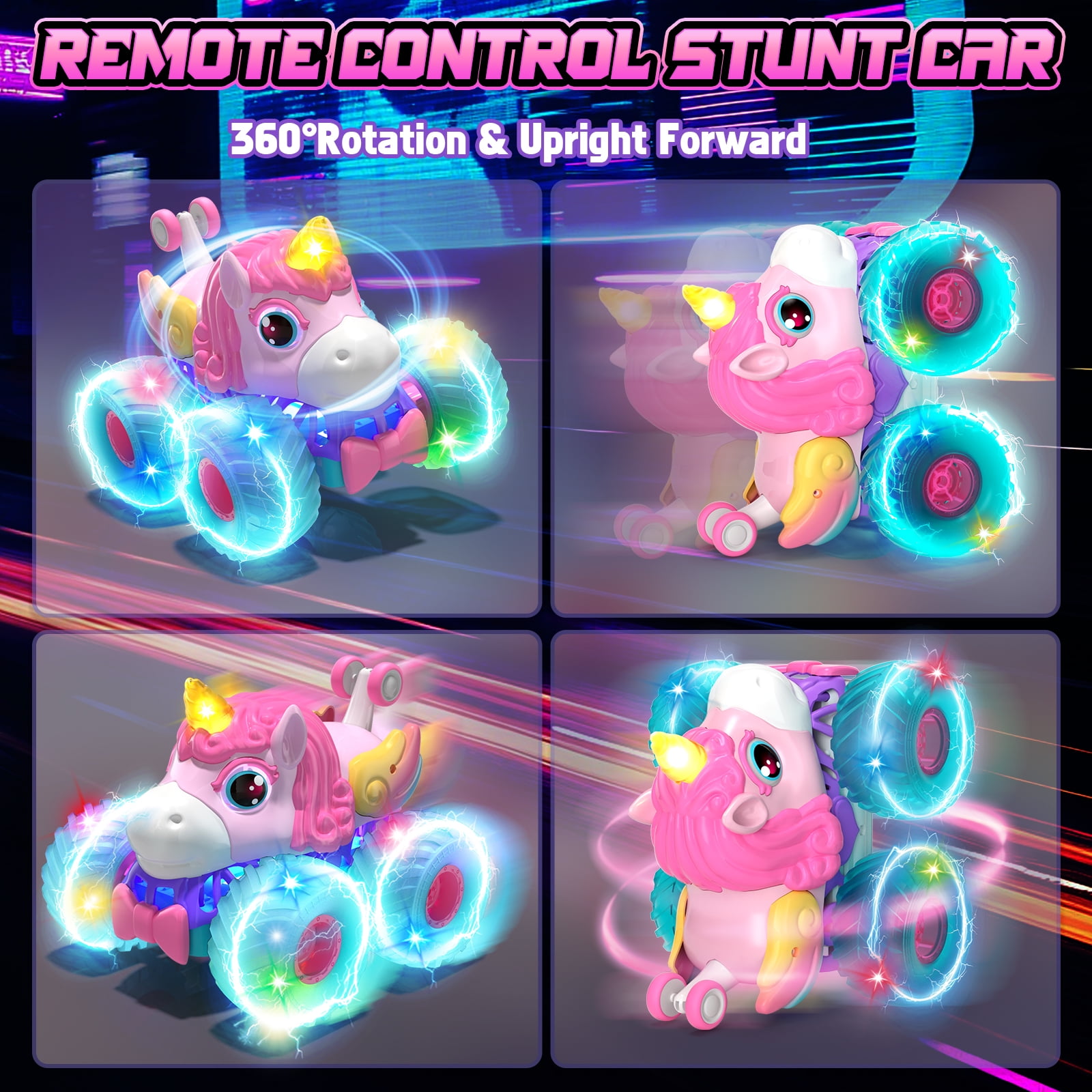 Unicorn Remote Control Cars for Girls, Remote Control Monster Truck for Girls, Pink Rc Stunt Car Unicorn Toys Cars with LED Lights for Girls Age 4 5 6 7 8 9 10 11 12
