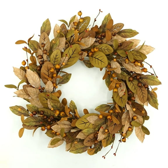 LSFA 20'' Fall Wreath Autumn Wreath for Front Door with Brown Magnolia Leaves and Small Pomegranate Fruits for Home Outdoor Decoration