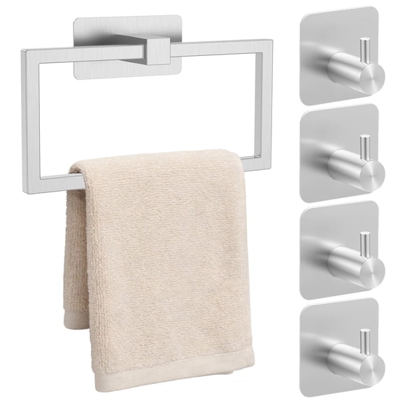 FUYGRCJ 5 Pack Hand Towel Holder Set, Stainless Steel Bath Towel Hanger, Wall-Mounted Bathroom Towel Bar Set with 4 Pack Towel Hooks