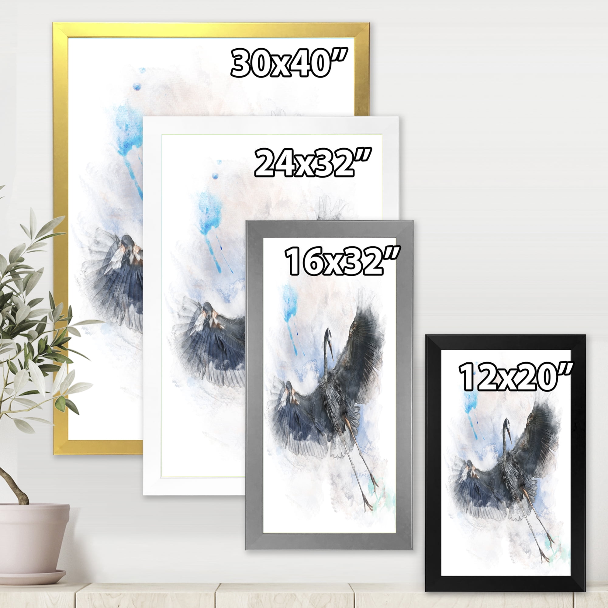 Designart 'Great Dark Blue Heron Bird Illustration' Farmhouse Framed Art Print