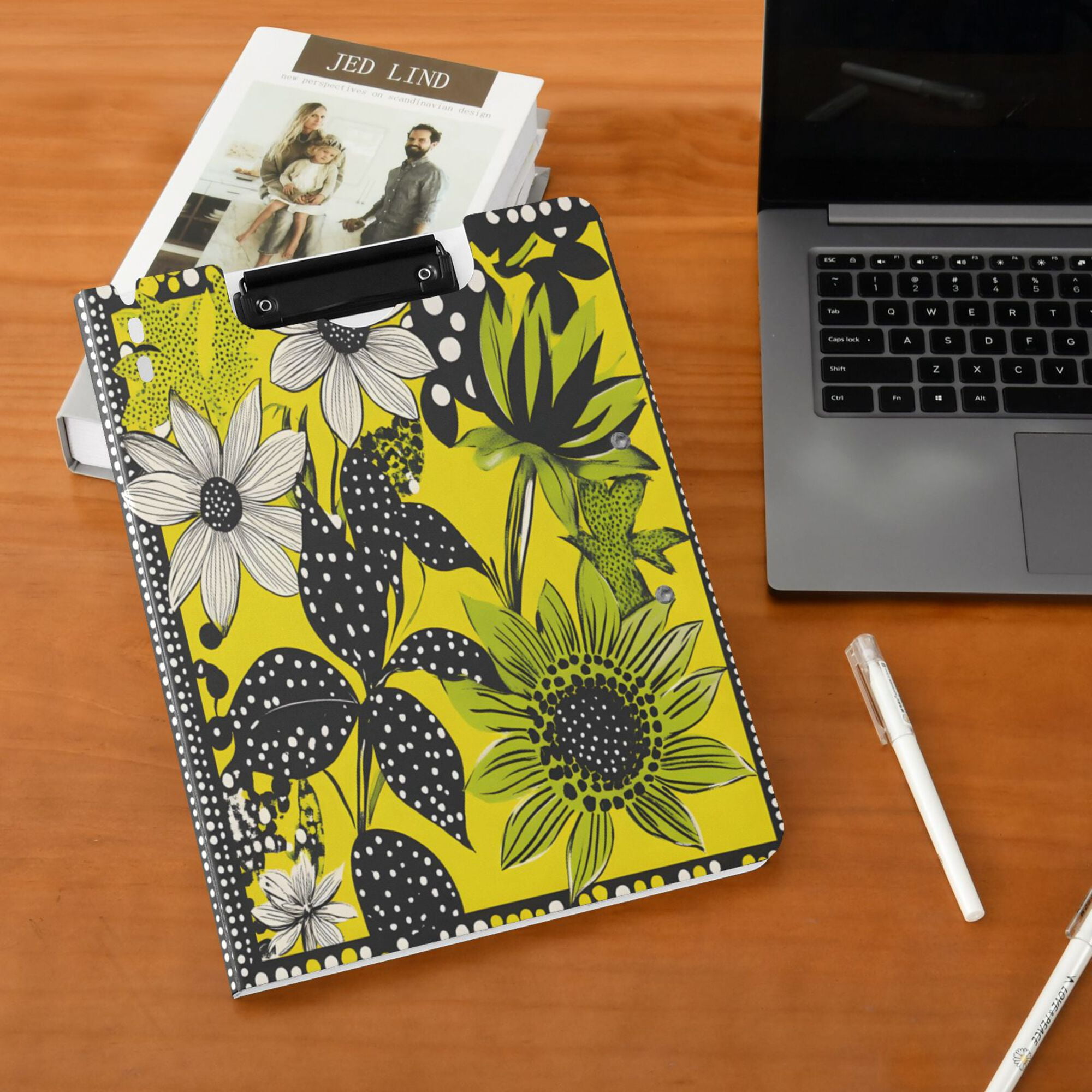 FORMRS A4 Clipboard Folder with Pen Holder Horizontal Foldable School Office Binder, Yellow Flowers