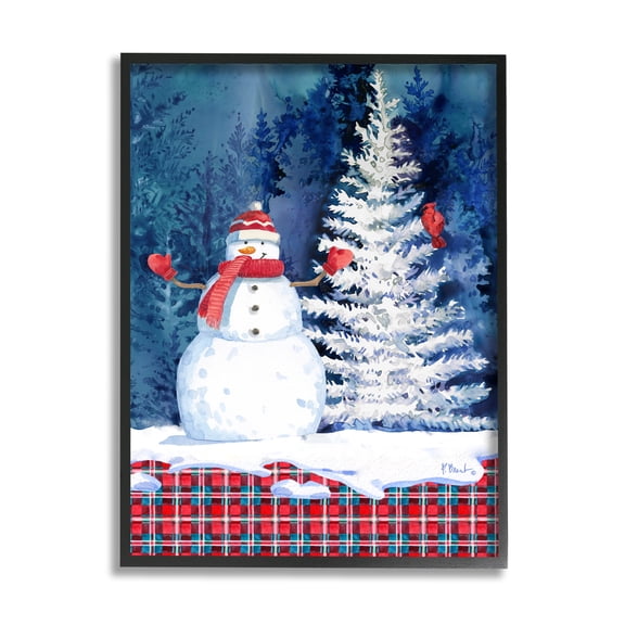 Stupell Industries Winter Snowman on Plaid Holiday Painting Black Framed Art Print Wall Art, 11 x 14