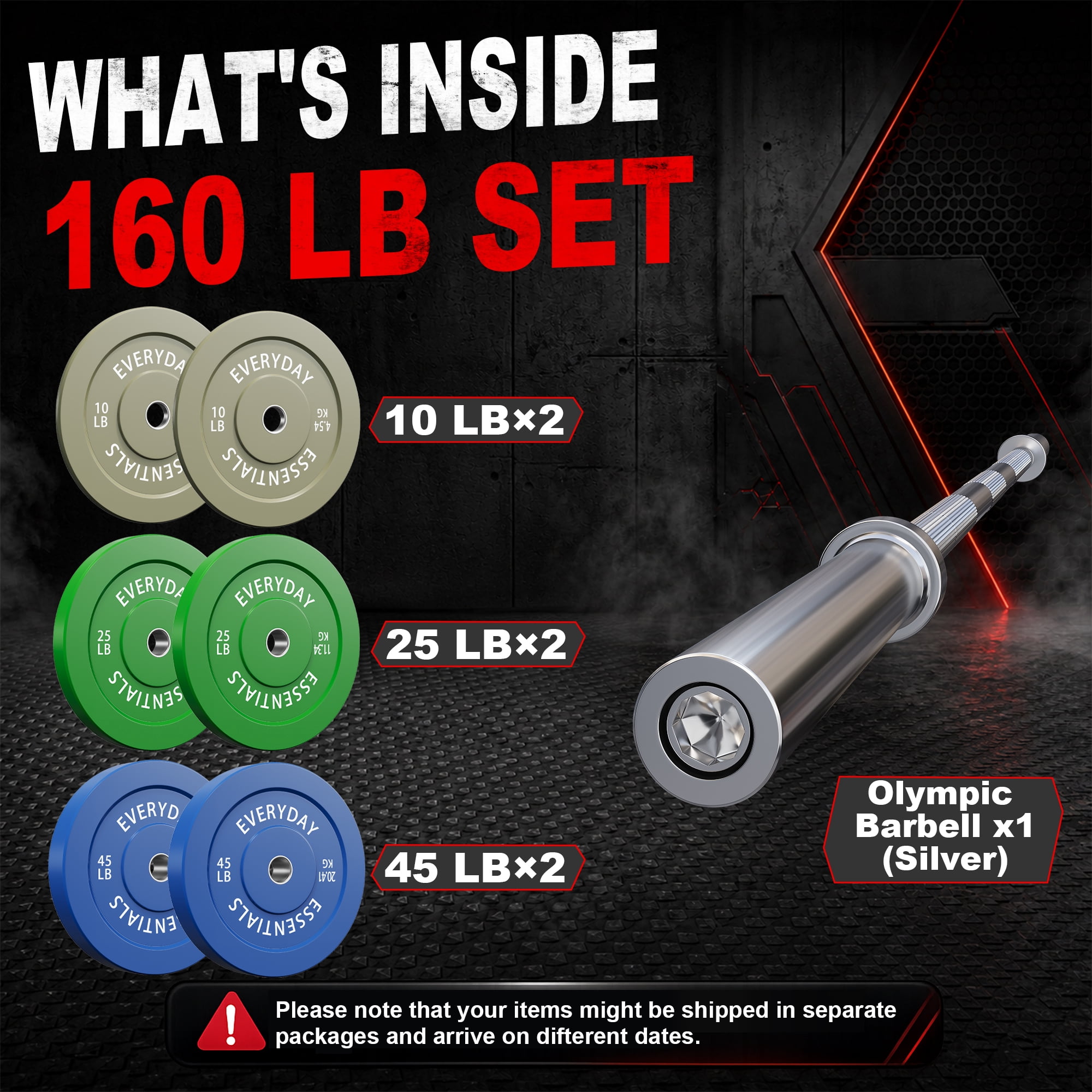 INTRTLOCKINGING TILES 160LB Olympic Weight Set with 7FT Barbell, 2-Inch Colored Rubber Bumper Plates for Home Gym, Cross Training and Weightlifting