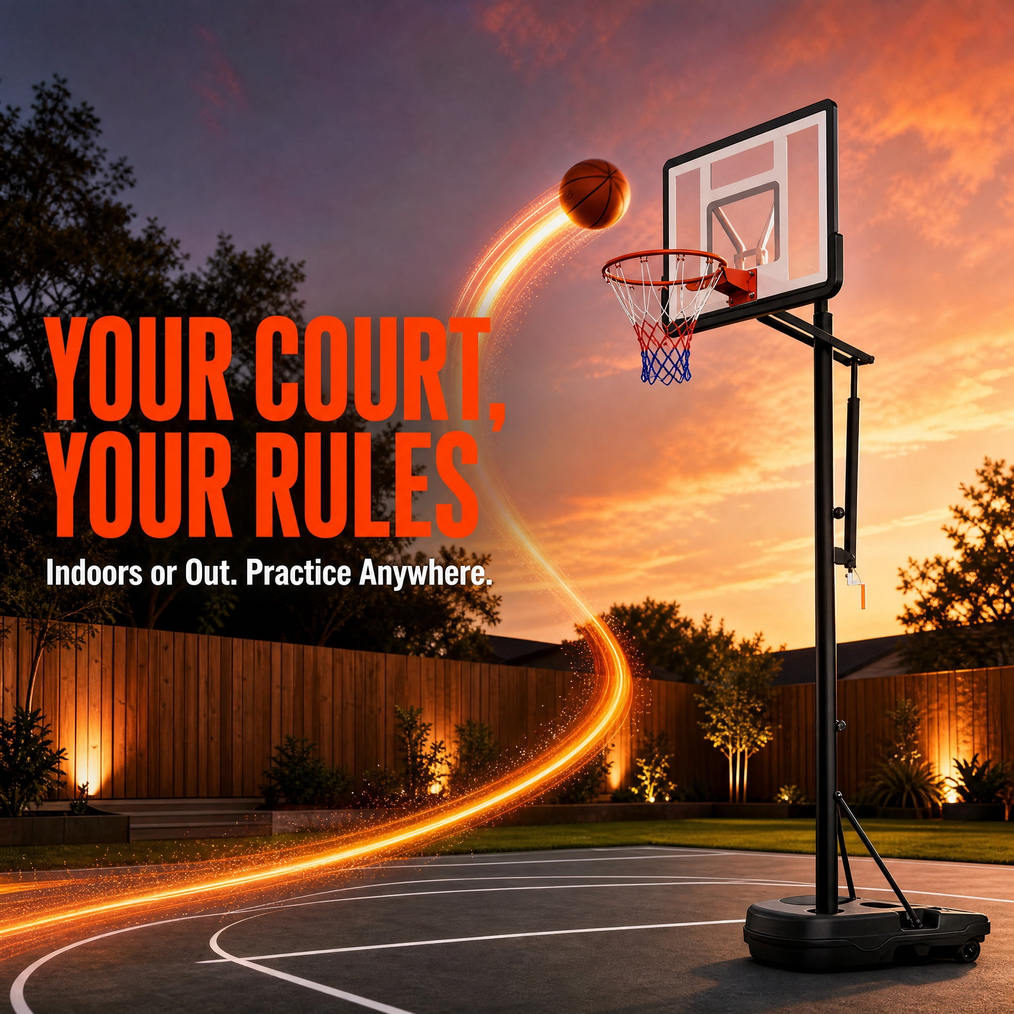 Portable Adjustable Basketball Hoop for Youth Adults & Kids 6.89–10.01 FT Height Basketball Goal 34 Inch Impact‑Resistant Backboard with Water/Sand Base & Wheels for Backyard Driveway