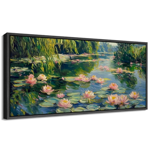 Large Framed Canvas Print Impressionist Pond Painting with Vibrant Pink FlowersWall Art Decorative Ready to Hang Painting for Living room Bedroom 60x30 inches Black Frame