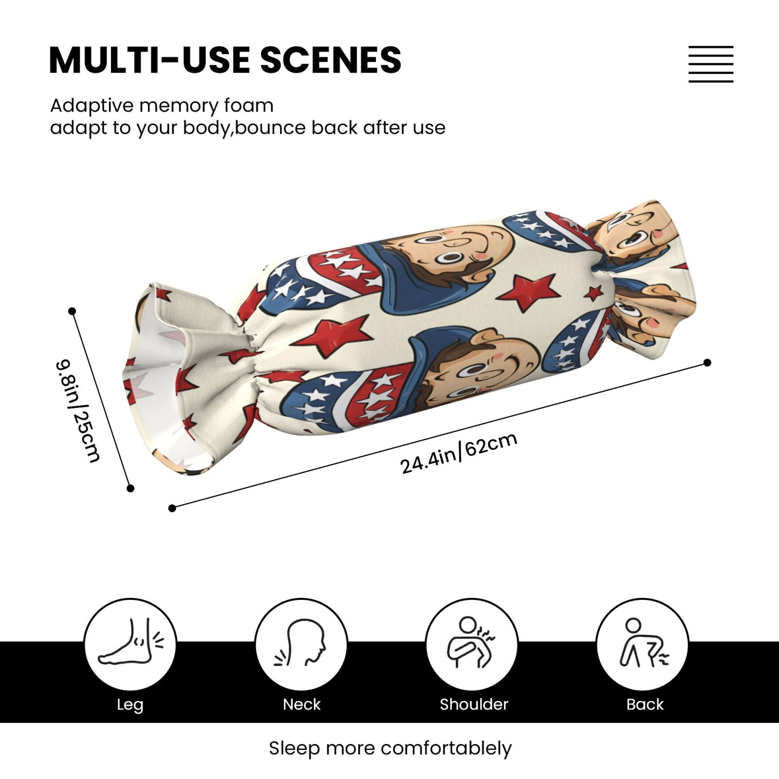 Candy Throw Pillow Travel Cervical Pillow Cylindrical Neck Body Cushion With Insert For Bed Couch Home Decor 9.8x24.4in Independence Day Theme Elements Star (2)