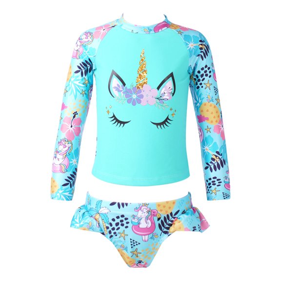CHICTRY Kids Girls 2Pcs Swimsuit Long Sleeve Cartoon Horse Print Tops with Briefs Bikinis Set Cartoon Blue 12