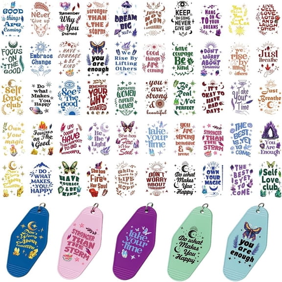 50 Pcs UV DTF Transfer Stickers for Motel Keychain Inspirational Quote UV DTF Stickers Motivational Uvdtf Transfer Sticker Decals for Acrylic Hotel Keychain Card Colorful