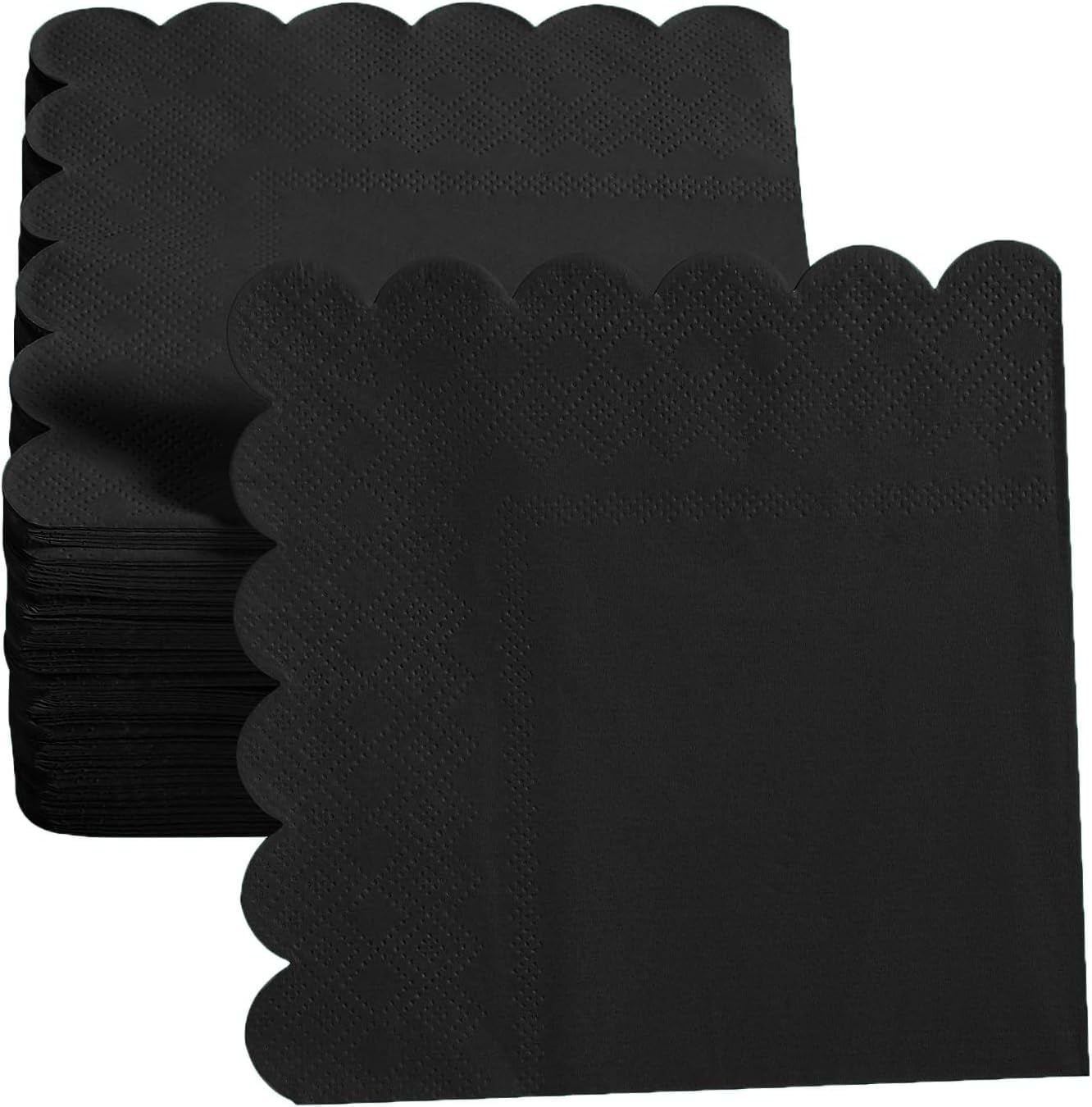 200 Pack Cocktail Napkin 2-Ply Scalloped Edged Dessert Napkins Folded 5 x 5 Inches Disposable Napkins for Dinner Wedding Birthday Party Bridal Anniversary Reception Event (Black)