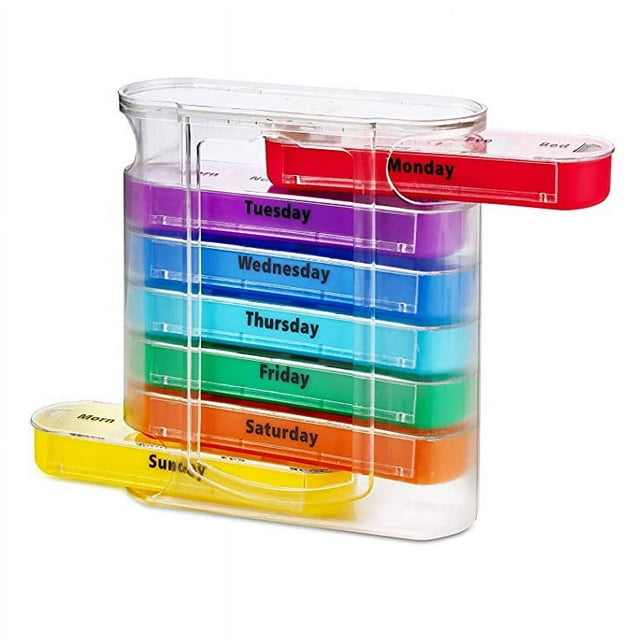 Organizador de pastillas semanal, cuatro veces al día, 1 dispensador con compartimentos apilables AM/PM Lleve consigo una caja de medicamentos