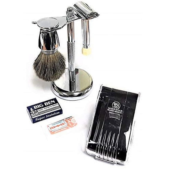 Wet Shave Set Pure Badger Shaving Brush Shave Stand #570 Safety Razor Double Edge Blades - Made in Solingen Germany