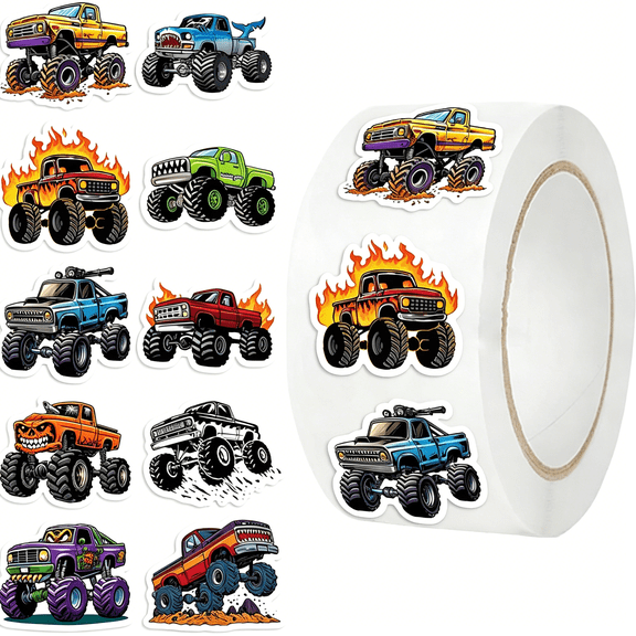 CCOCC 500Pcs Monster Truck Stickers for Kids, 1 Inch Reward Stickers in 10 Patterns, Cartoon Decal Rolls Self Adhesive Seals for Kids Girls Boys Teen Birthday Party Decorations Water Bottle