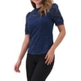 thumbnail image 4 of INSPIRAR CHIC Top de Encaje Floral para Mujeres con Cuello Mock, Manga Corta Abullonada, Blusa Elegante de Encaje Talla M Azul Oscuro, 4 of 6