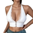 thumbnail image 4 of Fiaer Women's Lace Front Closure Bras Halter Deep V Neck Wireless Bra Comfort Bralettes White XL, 4 of 8
