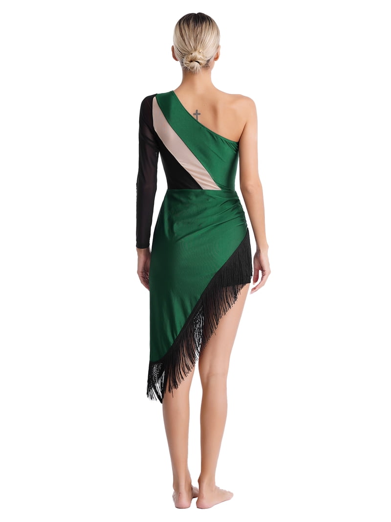 HULIJA Women One Shoulder Shiny Rhinestones Tassel Latin Tango Dance Dress  Green L