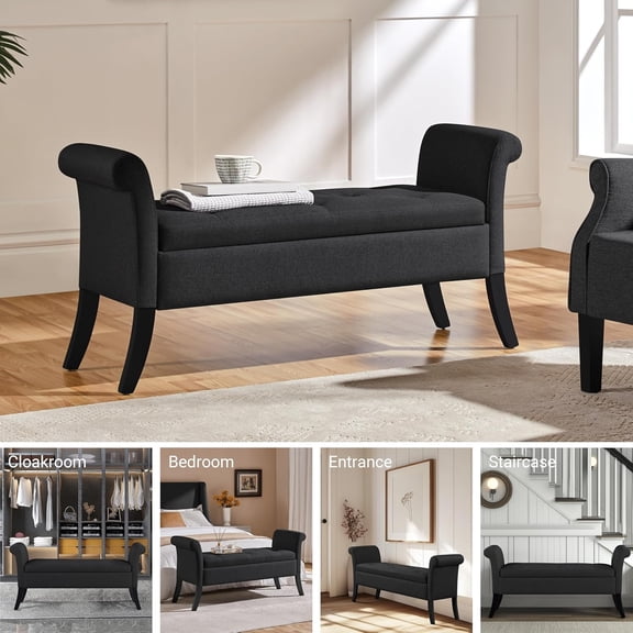 Storage Bench for Entryway Linen Window Bench with Rolled Arms for Bedroom Entryway Window Seat, Black