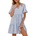 thumbnail image 2 of FDGIU Women's V Neck Striped Ruffle Short Sleeve Tiered A Line Mini Dress, Casual Summer Swing Babydoll Short Dress, 2 of 7